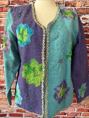 Vintage Yak Magik Embroidered Stitched Floral Detail Jacket Teal & Purple XL